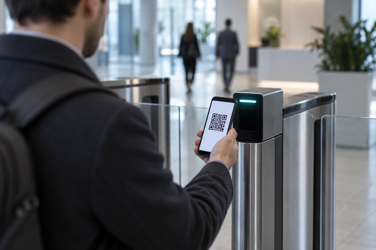 Visitante apresenta QR code em leitor de acesso