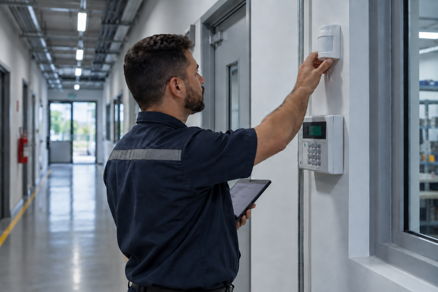 Técnico verifica sensor e painel de alarme