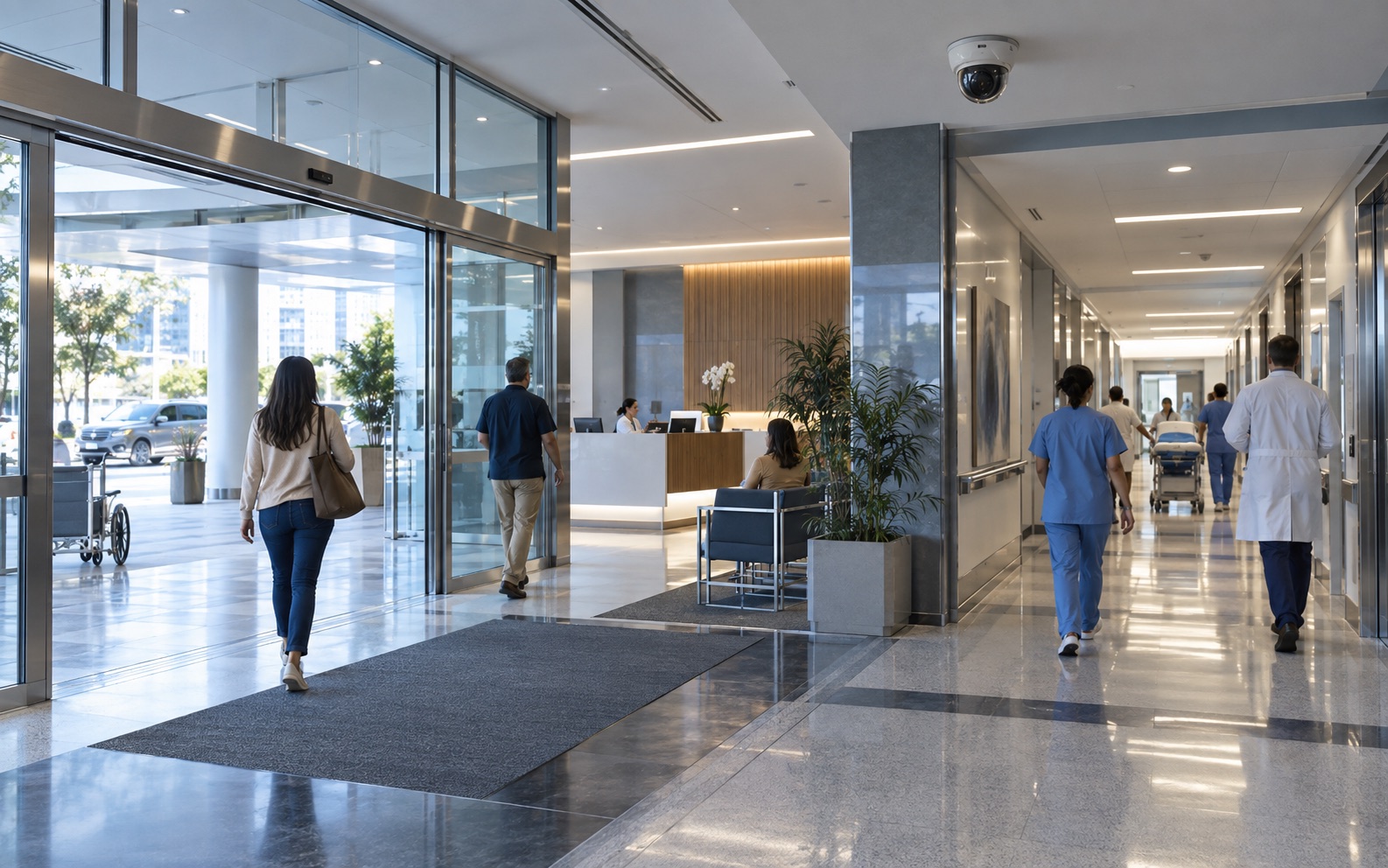Câmera em entrada e circulação de hospital