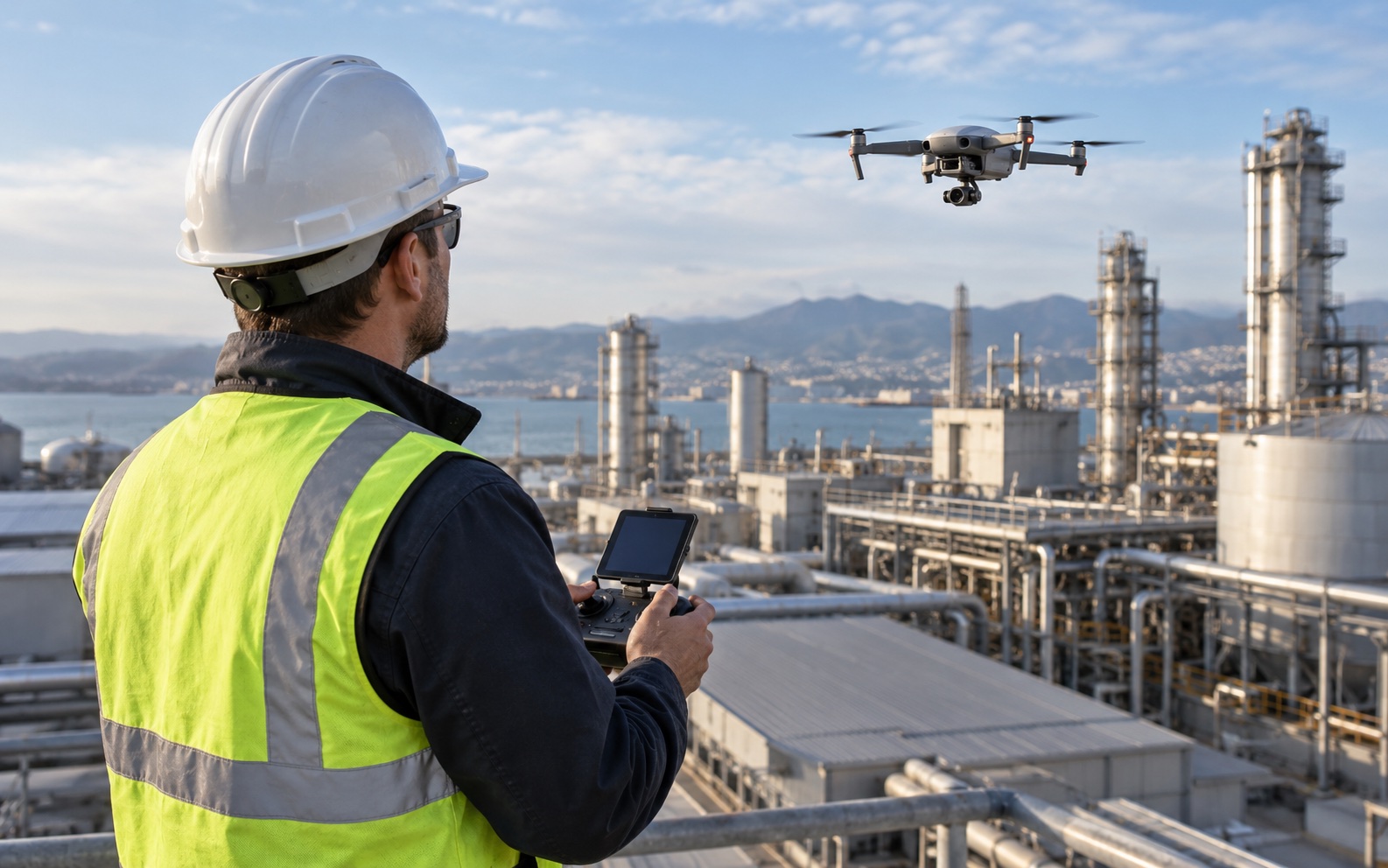 Operador conduz drone durante inspeção de instalação industrial