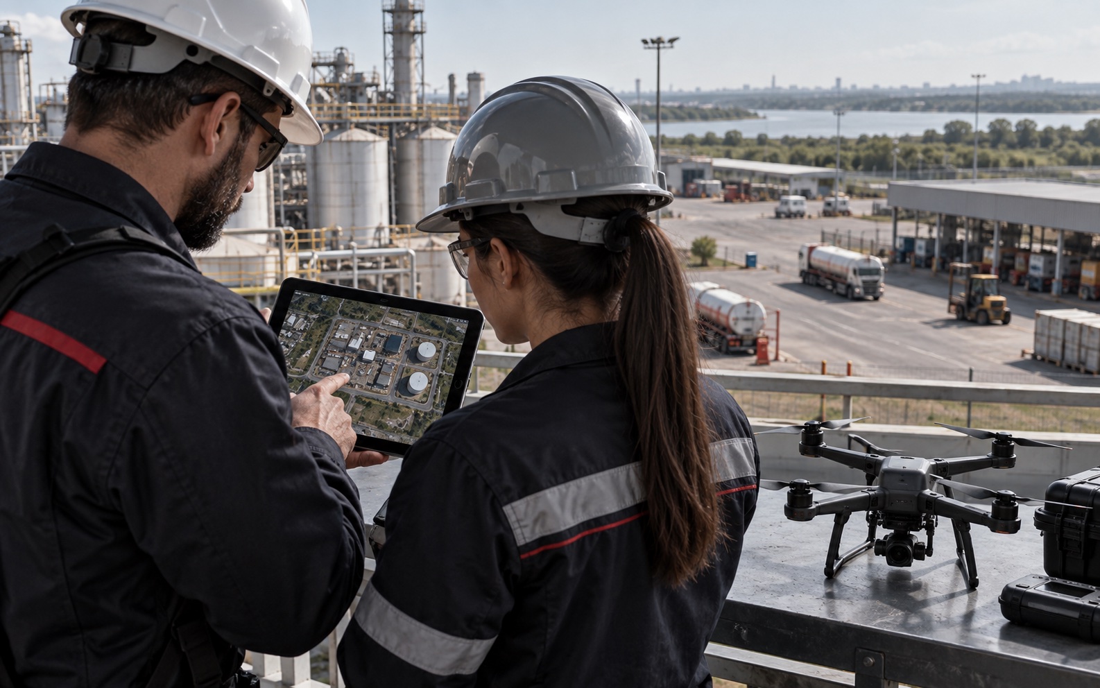 Equipe planeja voo de inspeção com imagem aérea de instalação industrial