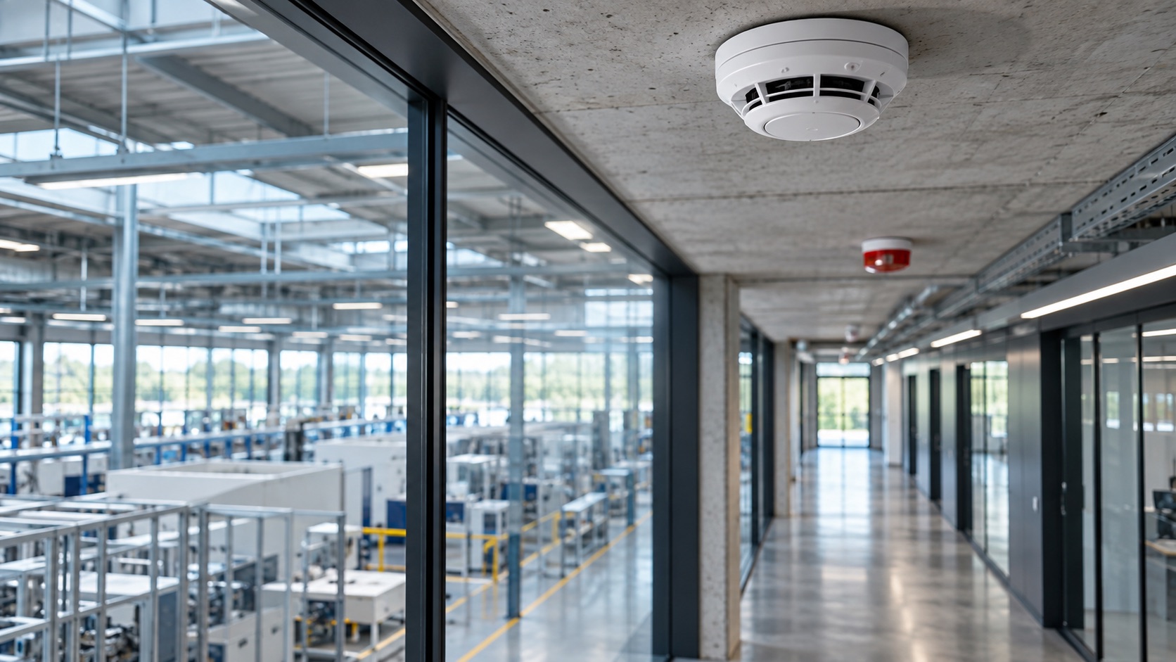 Detector de fumaça instalado em ambiente industrial