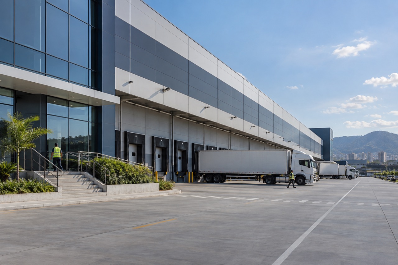 Centro de distribuição com caminhões nas docas