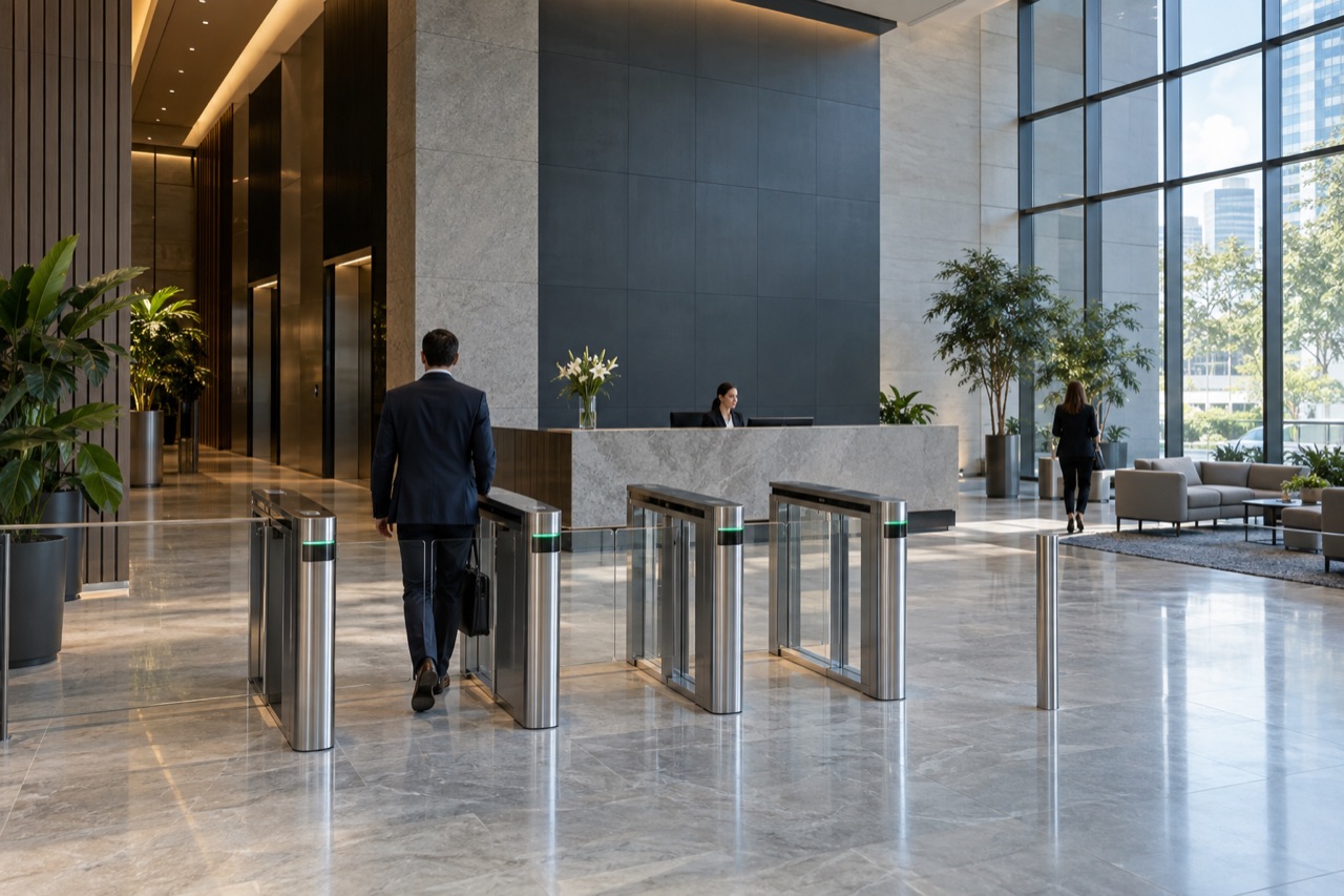 Recepção corporativa com catracas de acesso