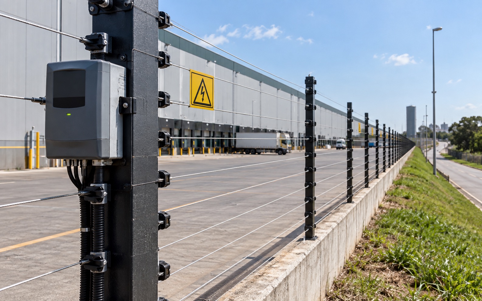 Cerca elétrica industrial com fios tensionados e central energizadora