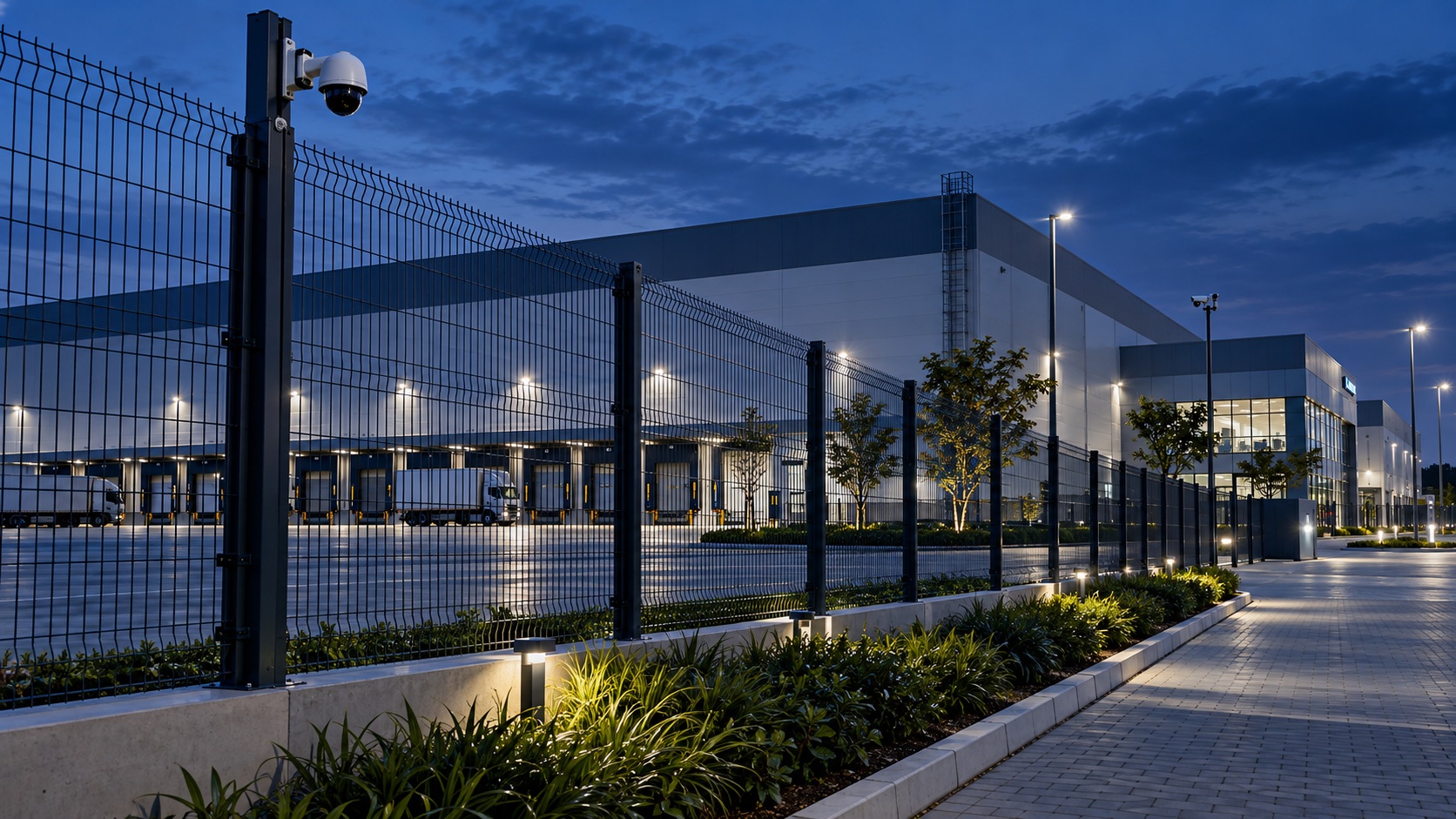 Perímetro industrial com câmeras e barreiras de proteção